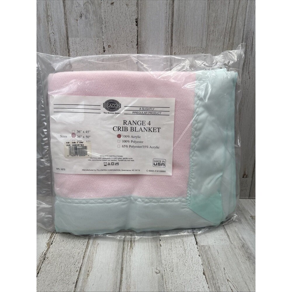 Vintage Baby Crib Blanket Pastel Pink & Mint Green Satin Trim 36x50 Made In USA